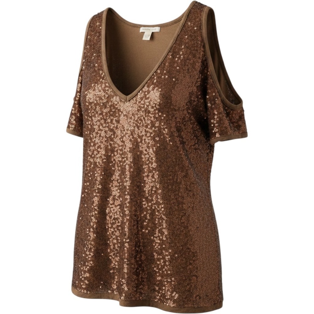 Boston Proper Sequin Cold-Shoulder Top Bronze Brown V-Neck Short Sleeve Blouse M